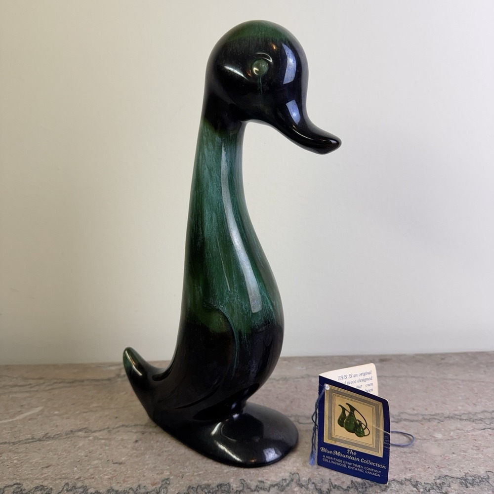 Vintage Teal and Black Drip Glaze Ceramic Long Neck Duck Figurine Blue Mountain